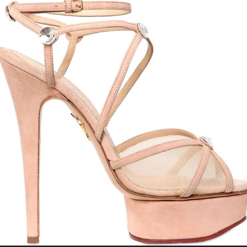 Charlotte Olympia “Isadora” Platform Sandals in Blush Suede 38